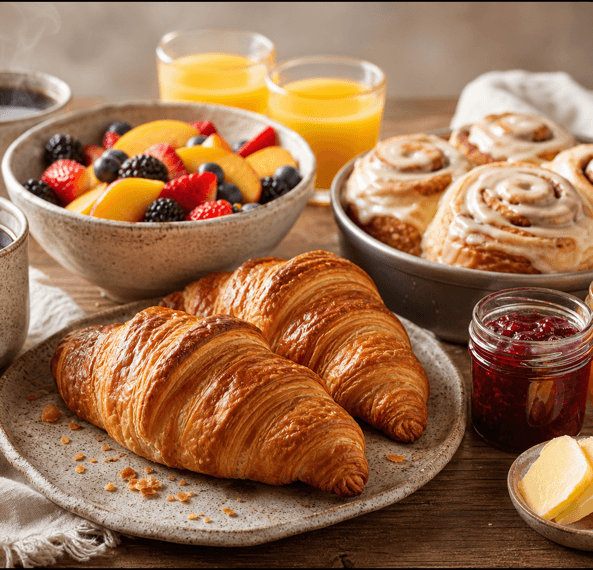 A cozy breakfast spread featuring croissants, cinnamon rolls, fresh fruit, orange juice, and a jar of jam.
