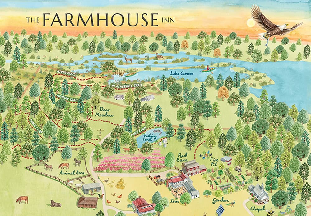 A colorful illustrated map of The Farmhouse Inn, showcasing various areas including a lake, gardens, and animal areas.