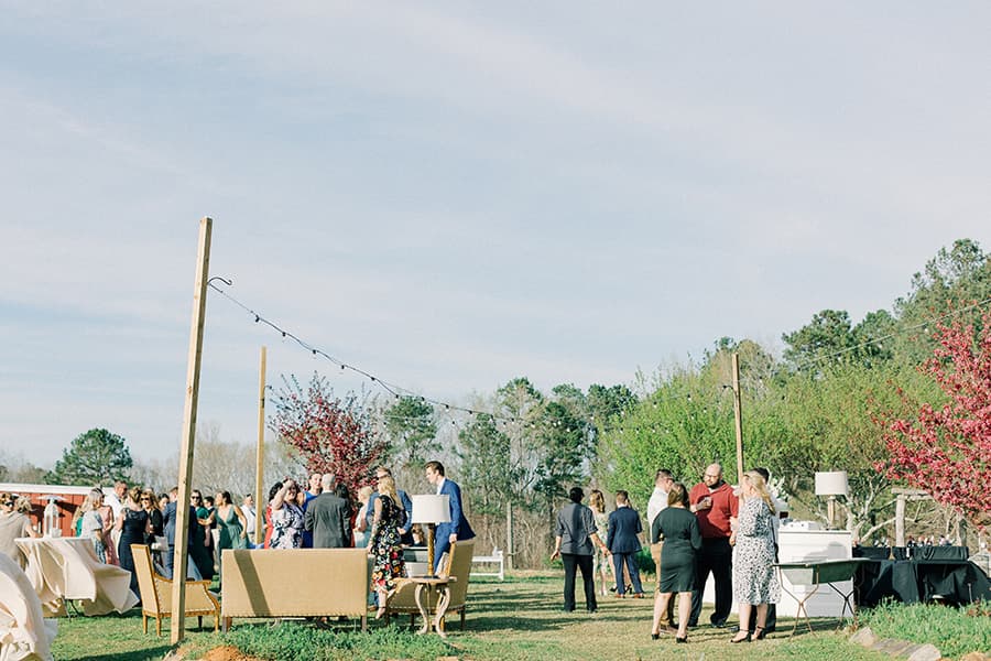 A lively outdoor gathering with people socializing among trees and decorations.